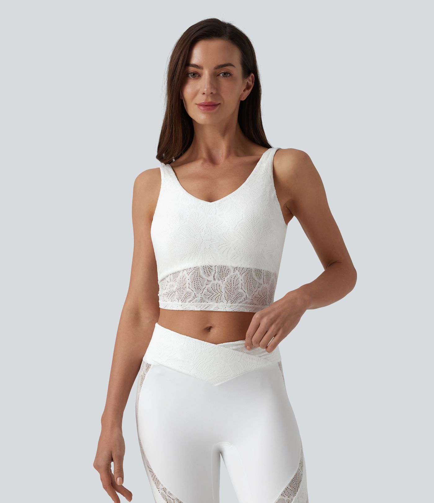 V-neck Scoop Back Contrast Lace Ultra-slim Cropped Yoga Tank Top