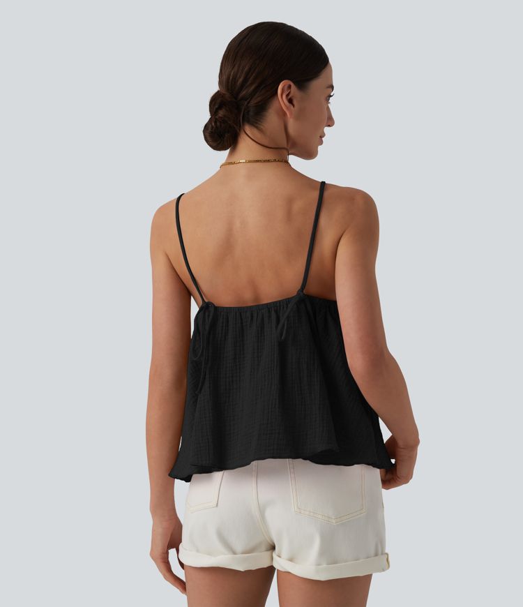 Lace Up Layered Ruffle Hem Cotton Tank Top