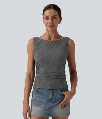 Boat Neck Cowl Back Ruched Casual Tank Top