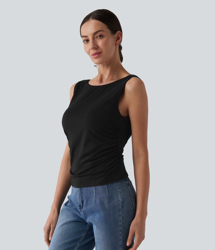Boat Neck Cowl Back Ruched Casual Tank Top