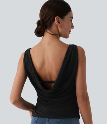 Boat Neck Cowl Back Ruched Casual Tank Top