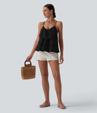 Lace Up Layered Ruffle Hem Cotton Tank Top