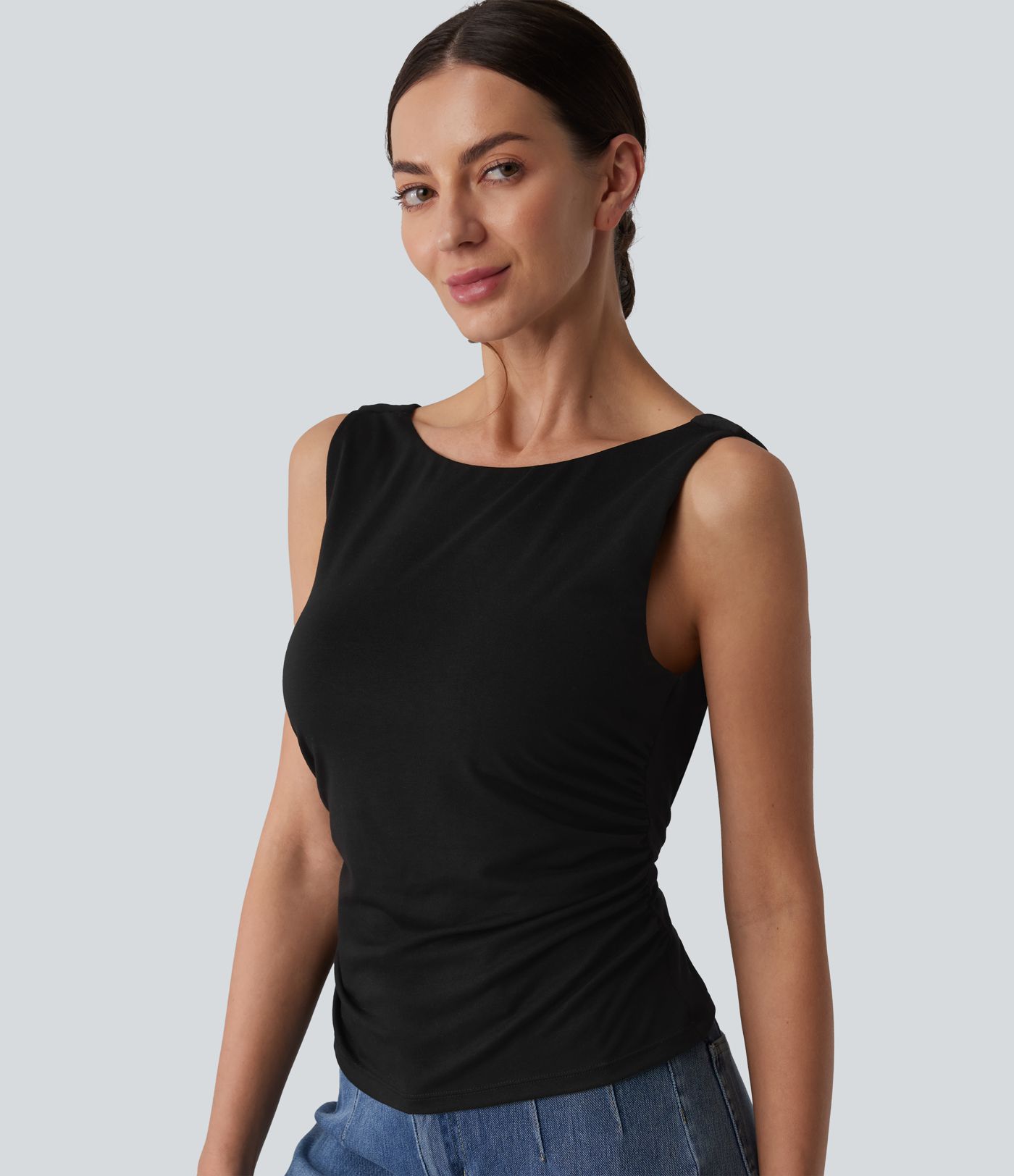 Boat Neck Cowl Back Ruched Casual Tank Top