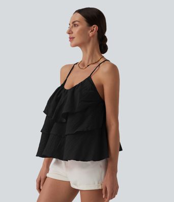 Lace Up Layered Ruffle Hem Cotton Tank Top