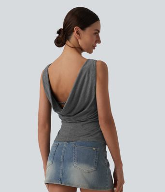 Boat Neck Cowl Back Ruched Casual Tank Top