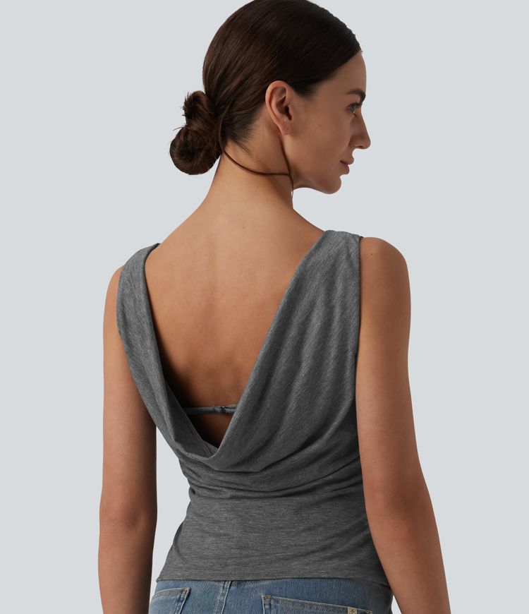 Boat Neck Cowl Back Ruched Casual Tank Top