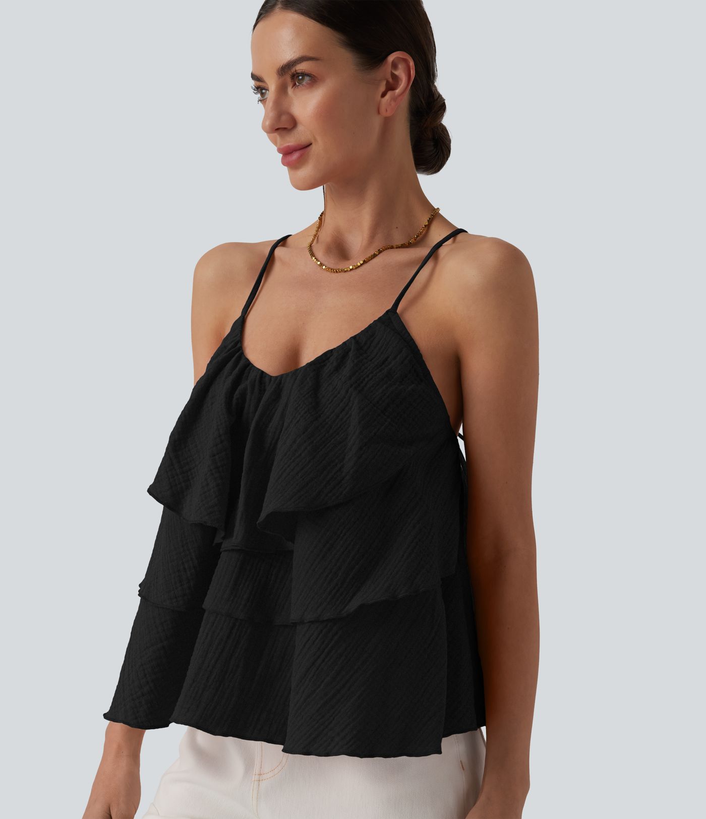Lace Up Layered Ruffle Hem Cotton Tank Top