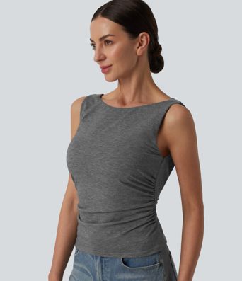 Boat Neck Cowl Back Ruched Casual Tank Top