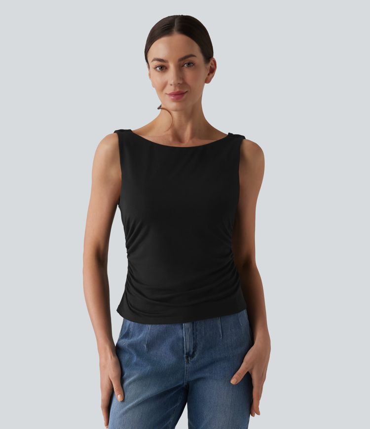 Boat Neck Cowl Back Ruched Casual Tank Top