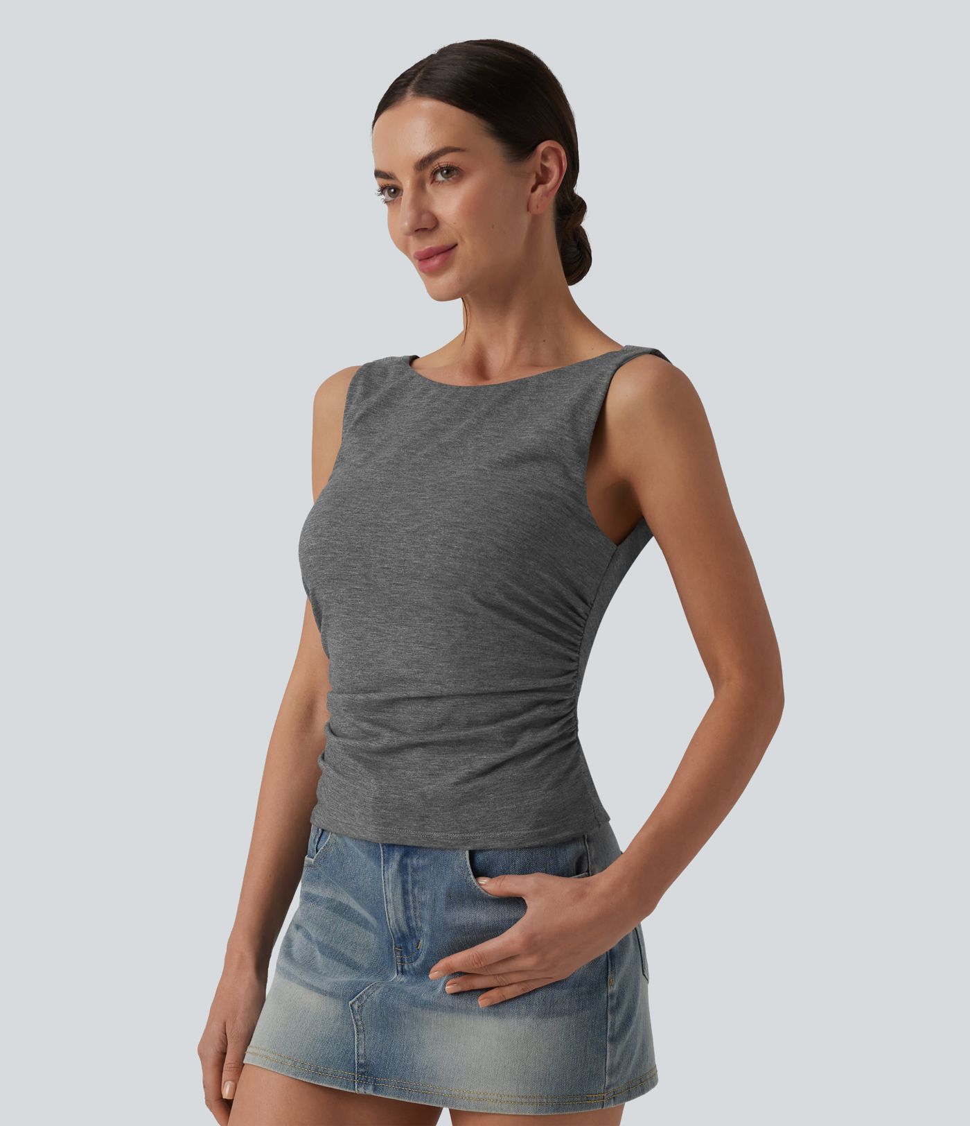 Boat Neck Cowl Back Ruched Casual Tank Top