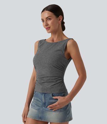 Boat Neck Cowl Back Ruched Casual Tank Top