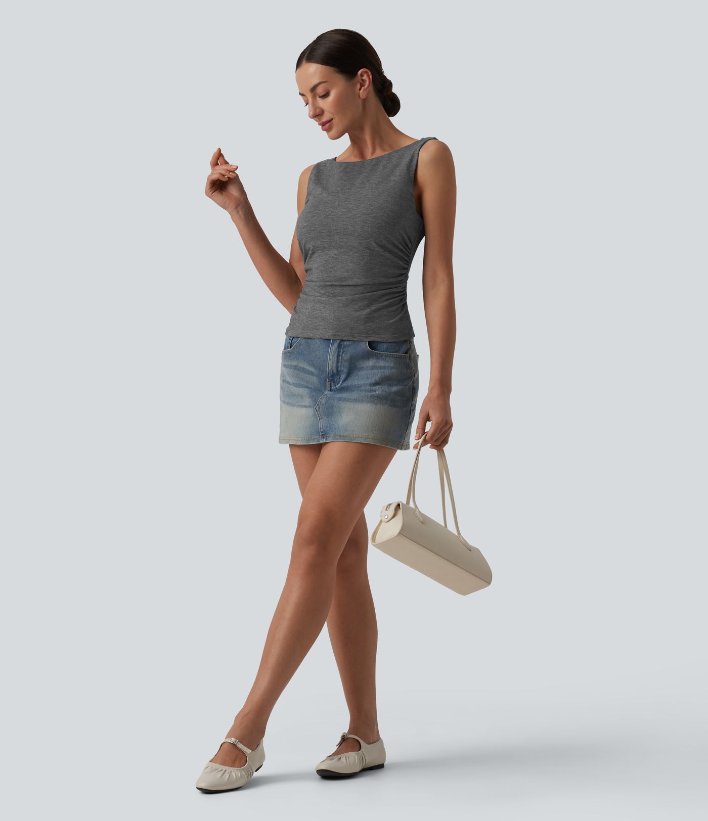 Boat Neck Cowl Back Ruched Casual Tank Top