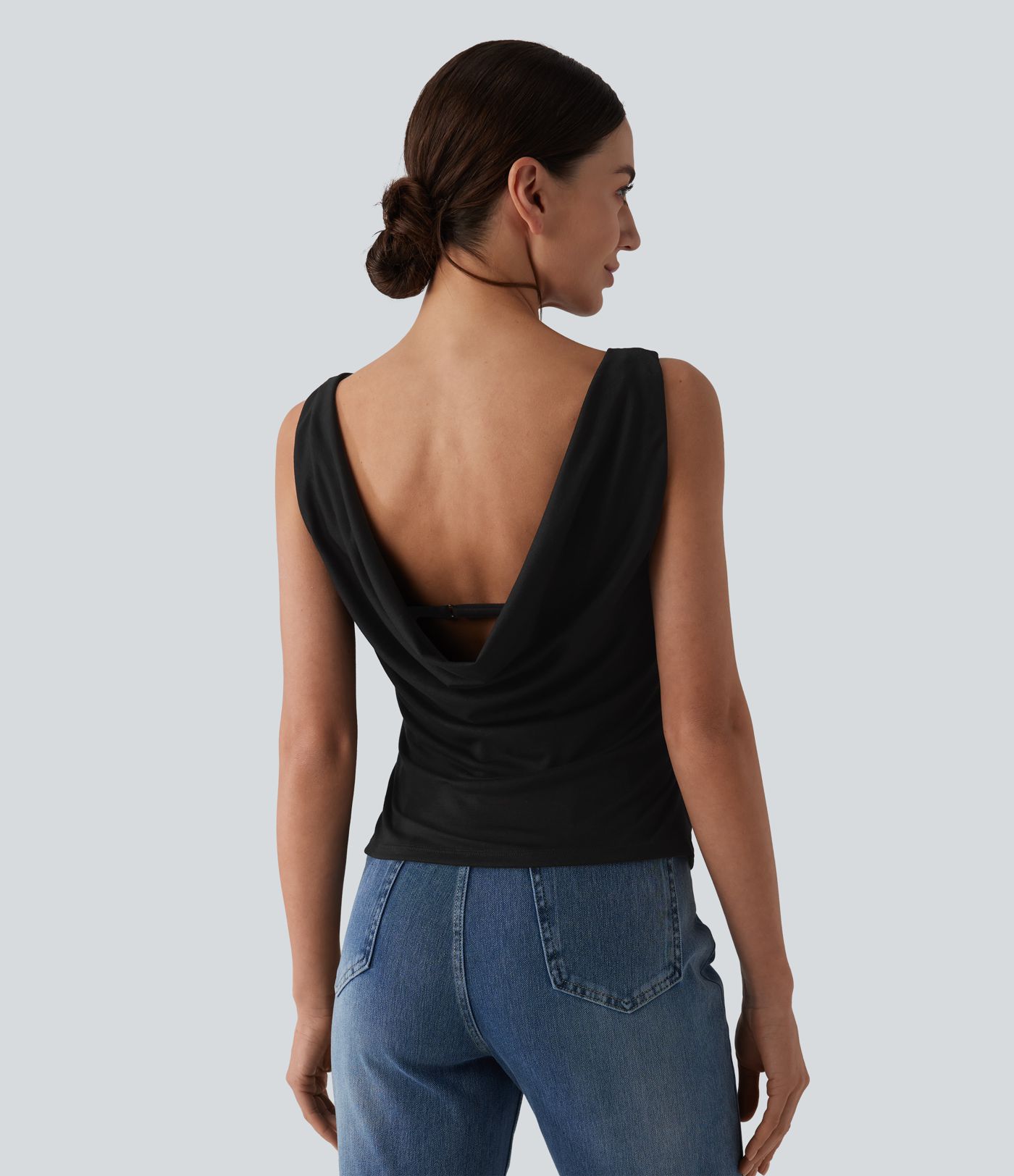 Boat Neck Cowl Back Ruched Casual Tank Top