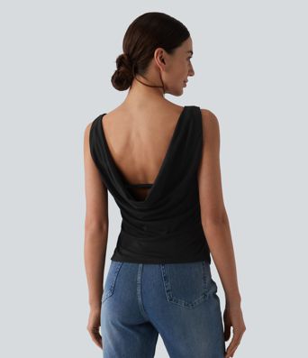 Boat Neck Cowl Back Ruched Casual Tank Top