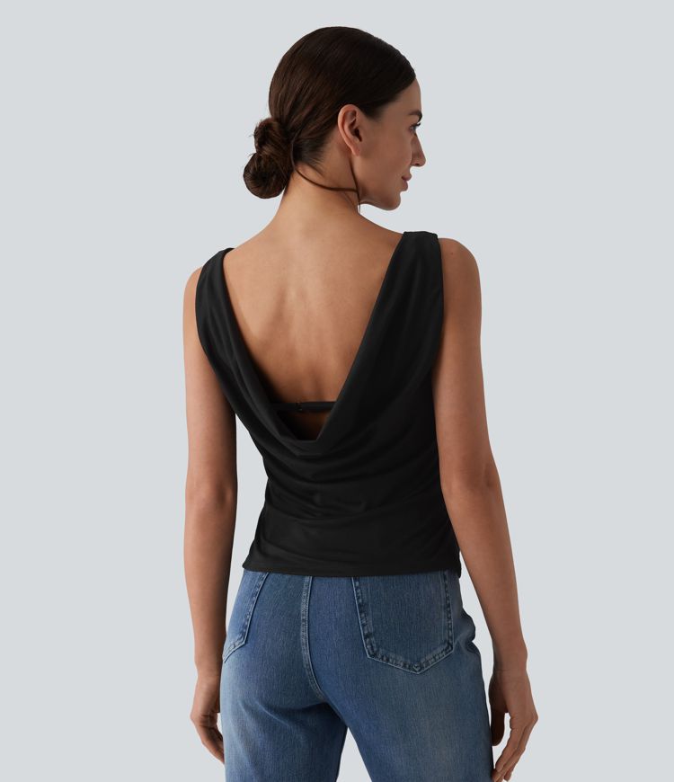 Boat Neck Cowl Back Ruched Casual Tank Top