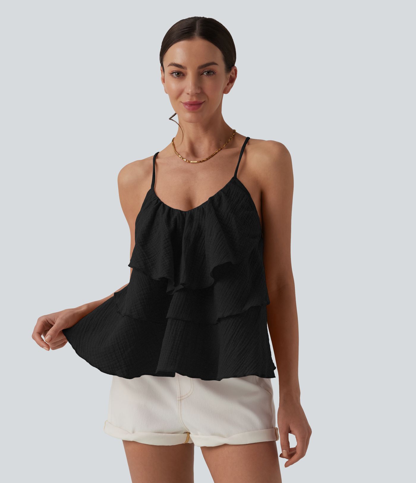 Lace Up Layered Ruffle Hem Cotton Tank Top