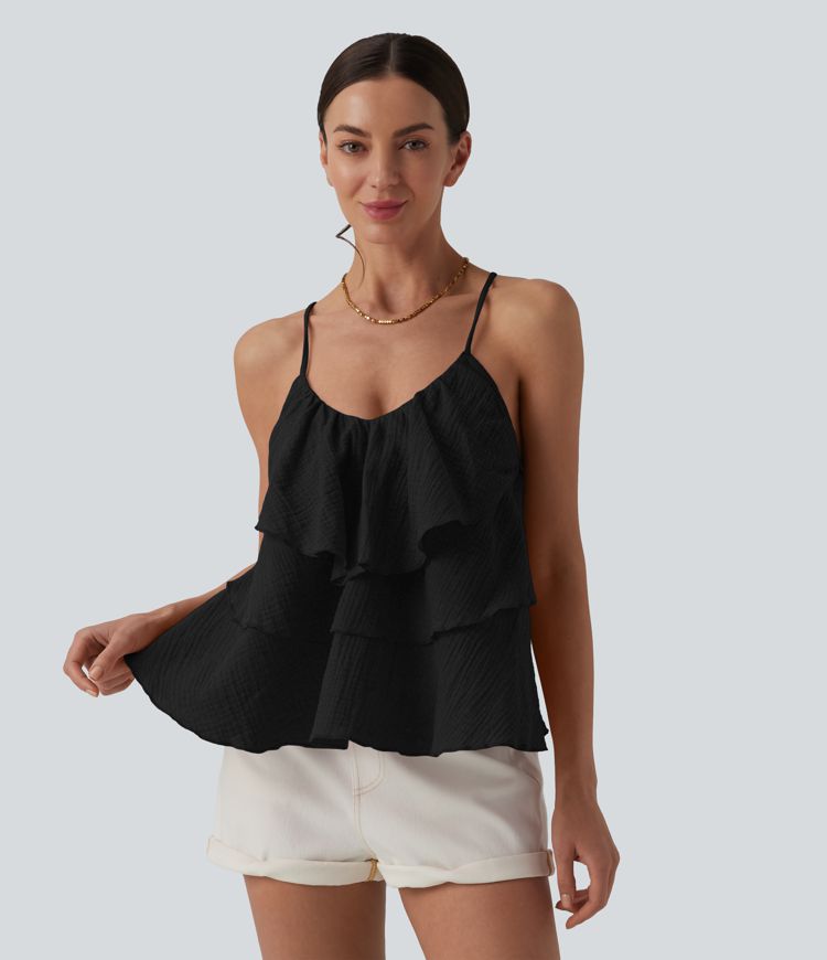 Lace Up Layered Ruffle Hem Cotton Tank Top