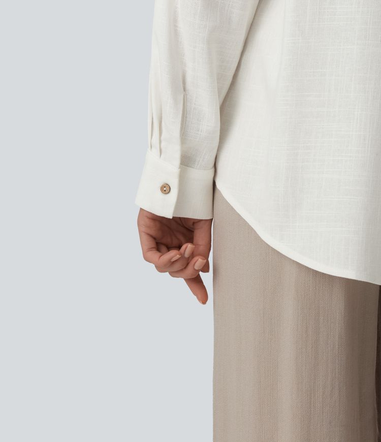 Collar Button Long Sleeve Curved Hem Casual Linen Shirt with Pockets