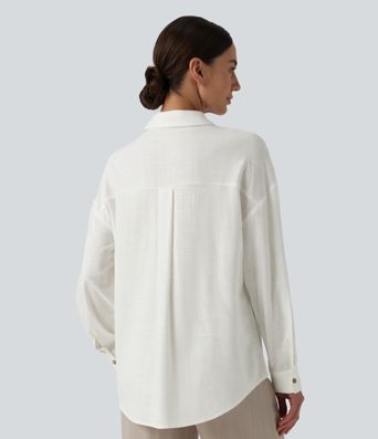 Collar Button Long Sleeve Curved Hem Casual Linen Shirt with Pockets