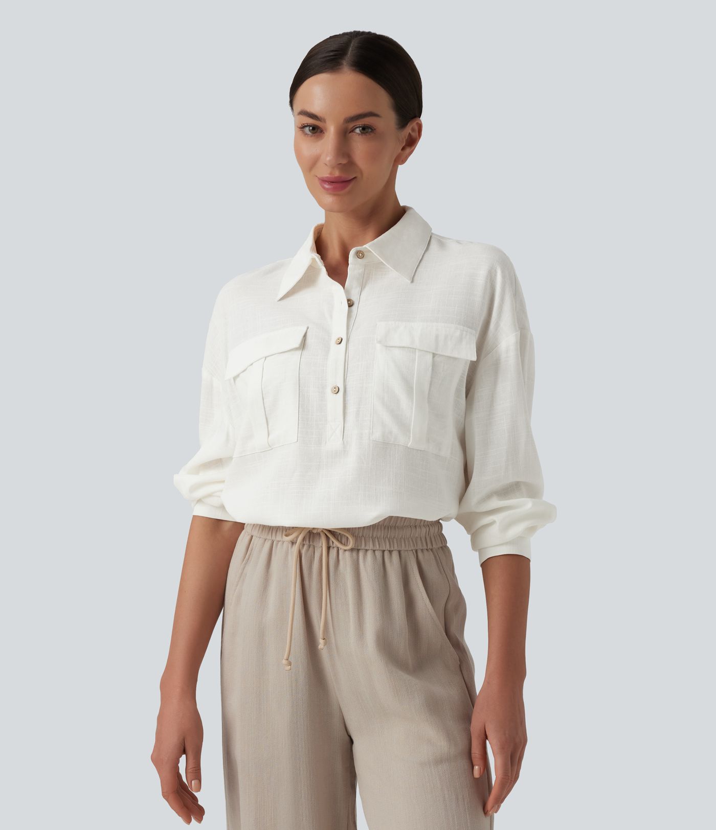 Collar Button Long Sleeve Curved Hem Casual Linen Shirt with Pockets