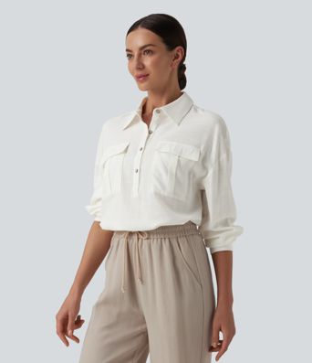 Collar Button Long Sleeve Curved Hem Casual Linen Shirt with Pockets