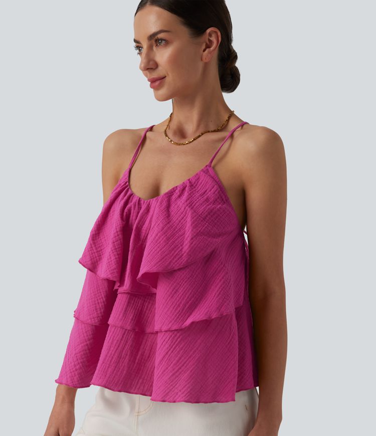 Débardeur en coton à lacets avec ourlet superposé à volants