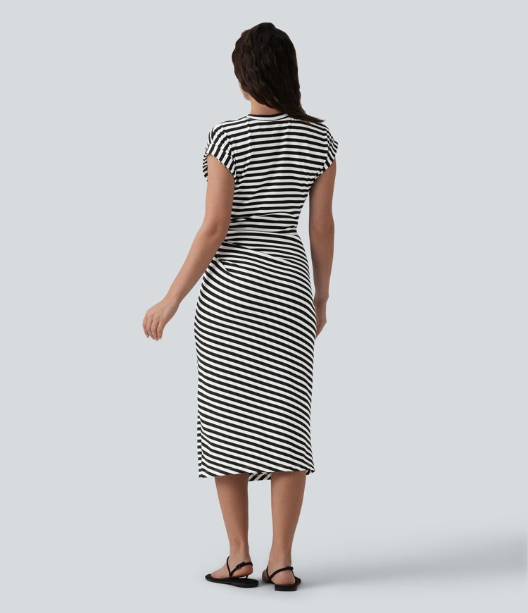 Round Neck Short Sleeve Asymmetrical Split Hem Stripes Waffle Casual Midi T-Shirt Dress