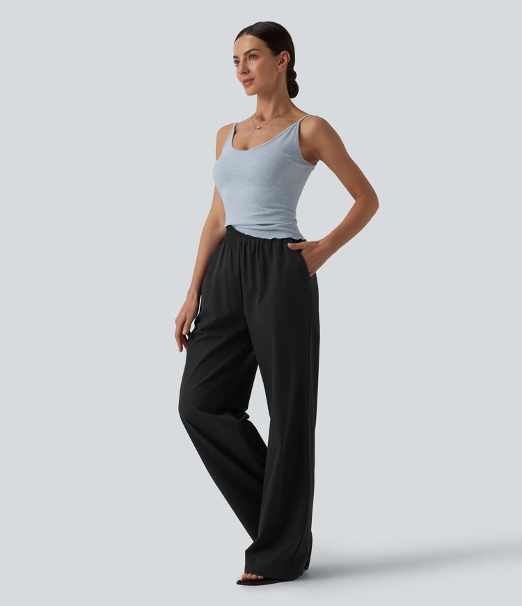 Spodnie na dzień z wysokim stanem, szerokimi nogawkami i kieszeniami