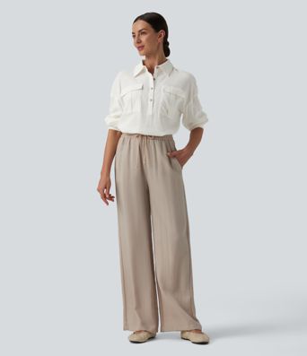 Collar Button Long Sleeve Curved Hem Casual Linen Shirt with Pockets