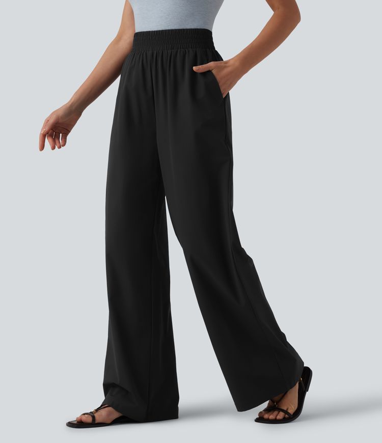 Spodnie na dzień z wysokim stanem, szerokimi nogawkami i kieszeniami