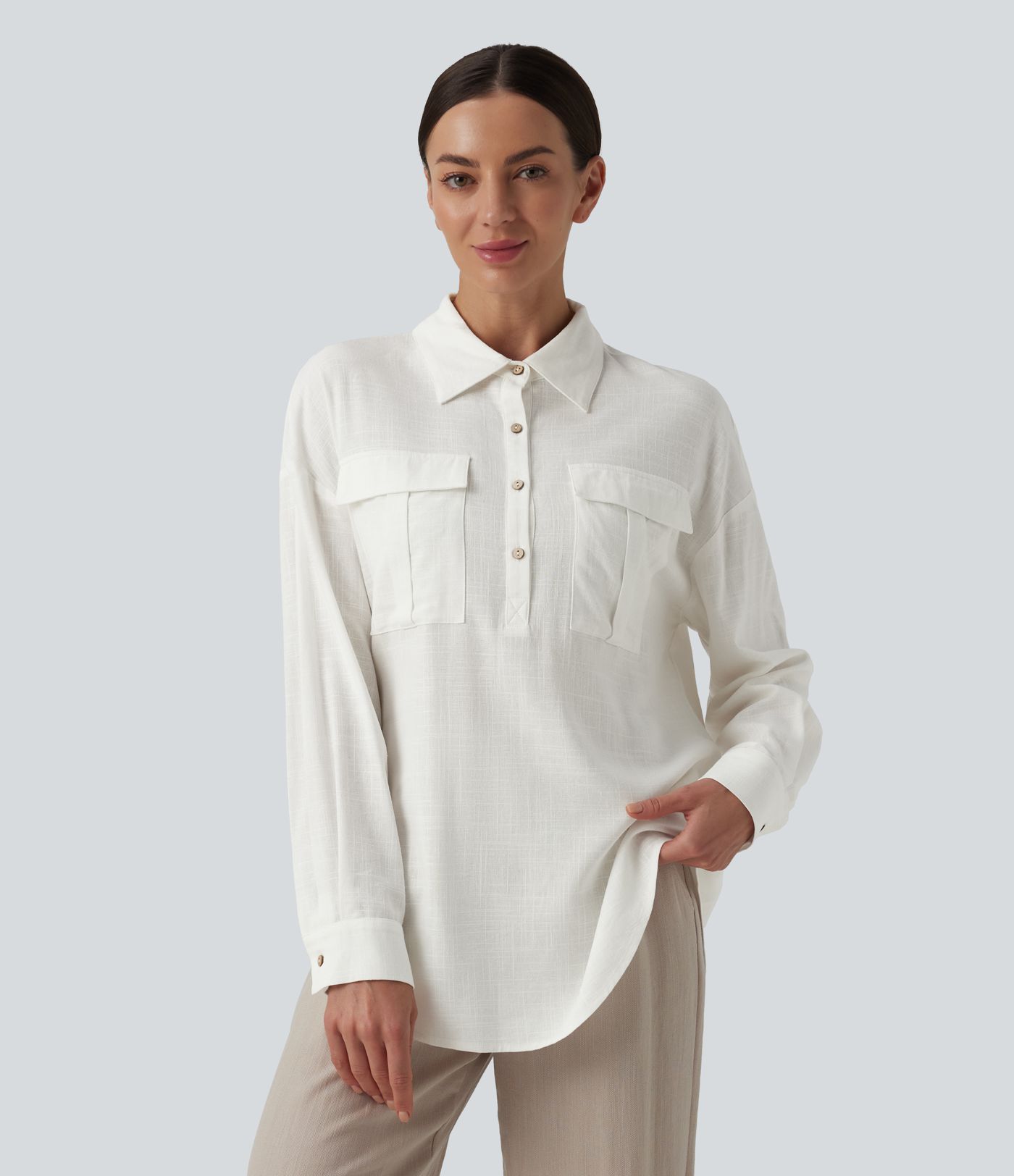 Collar Button Long Sleeve Curved Hem Casual Linen Shirt with Pockets