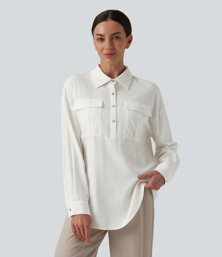 Collar Button Long Sleeve Curved Hem Casual Linen Shirt with Pockets