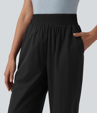 Spodnie na dzień z wysokim stanem, szerokimi nogawkami i kieszeniami