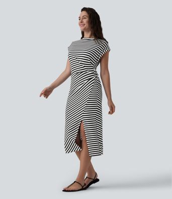 Round Neck Short Sleeve Asymmetrical Split Hem Stripes Waffle Casual Midi T-Shirt Dress