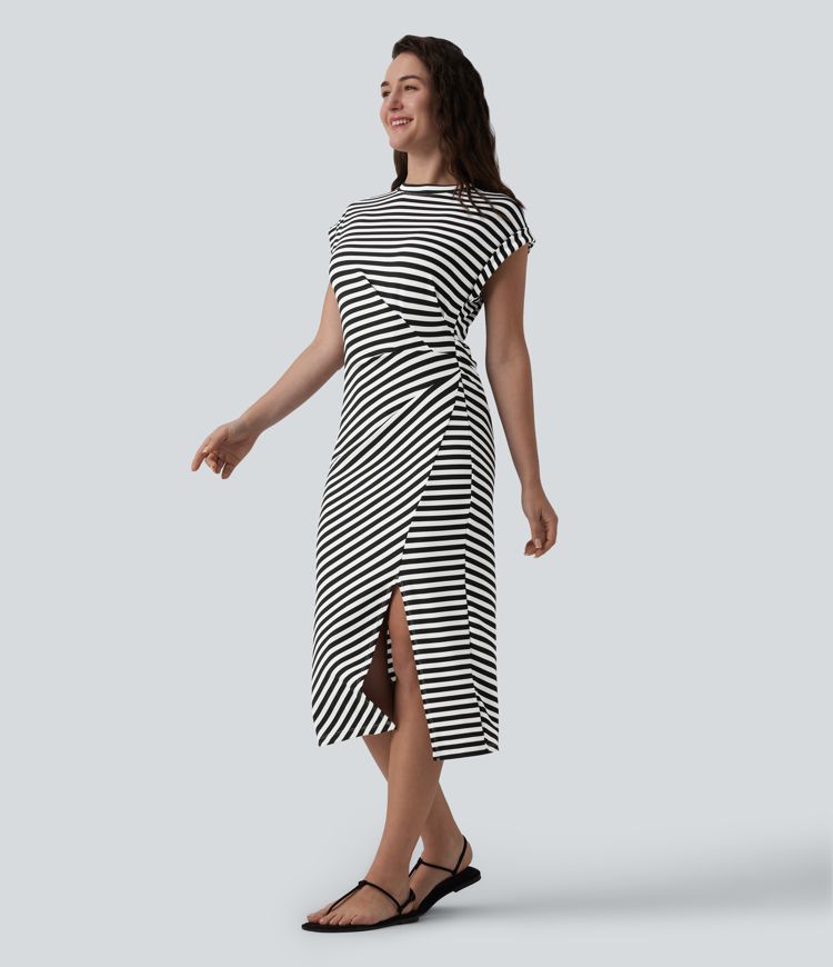 Round Neck Short Sleeve Asymmetrical Split Hem Stripes Waffle Casual Midi T-Shirt Dress