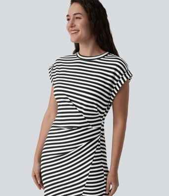 Round Neck Short Sleeve Asymmetrical Split Hem Stripes Waffle Casual Midi T-Shirt Dress