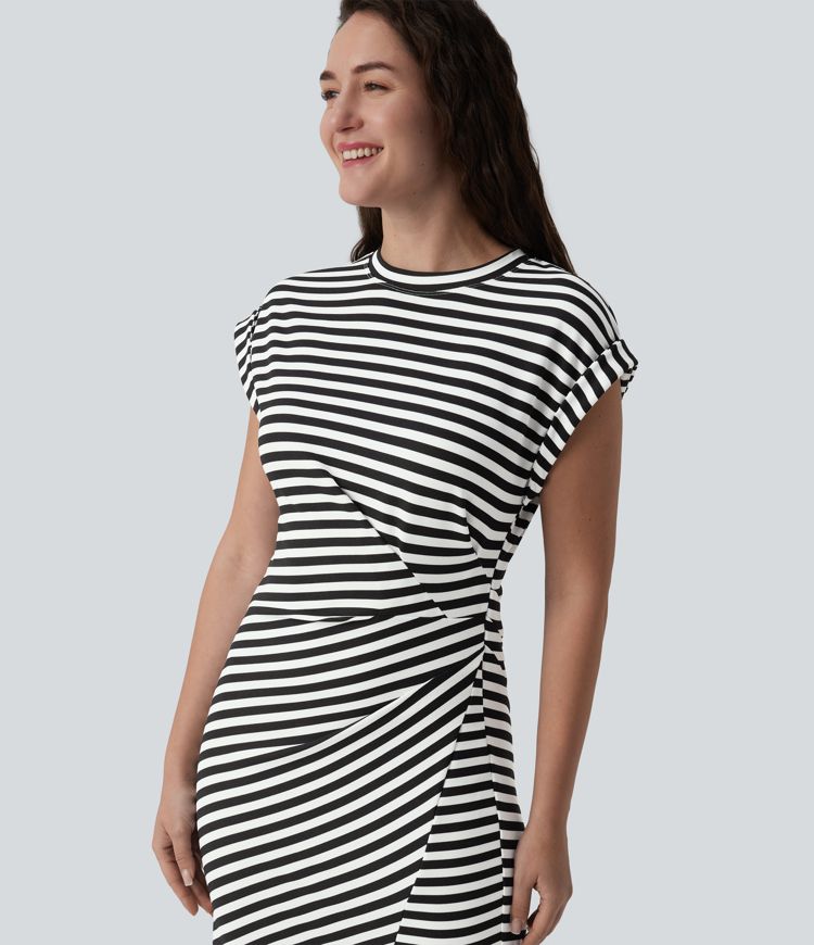 Round Neck Short Sleeve Asymmetrical Split Hem Stripes Waffle Casual Midi T-Shirt Dress