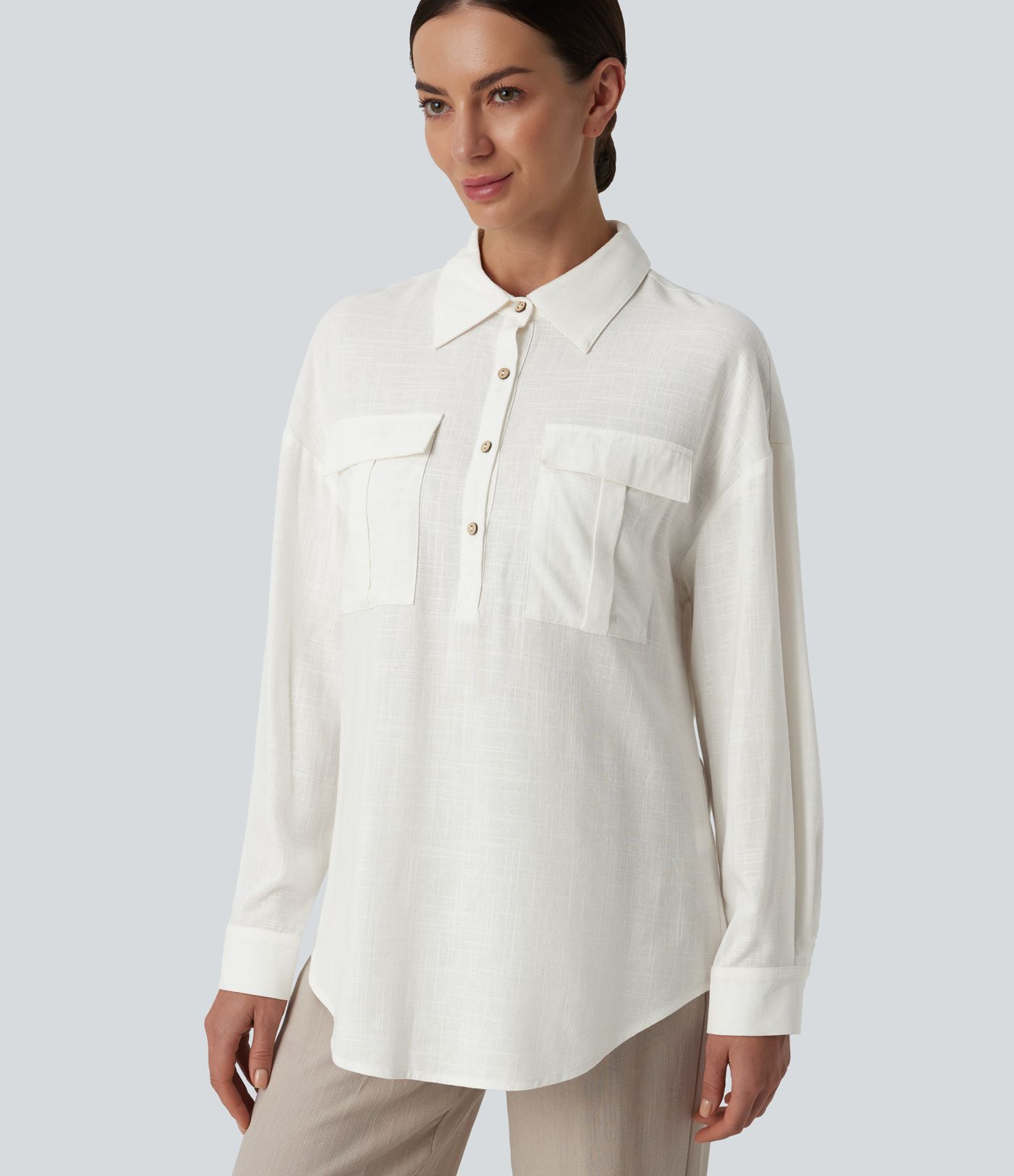 Collar Button Long Sleeve Curved Hem Casual Linen Shirt with Pockets