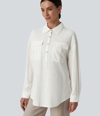 Collar Button Long Sleeve Curved Hem Casual Linen Shirt with Pockets