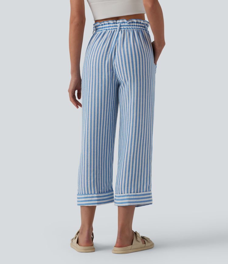 Hoch taillierte, gestreifte, verkürzte, legere Hose in Leinenoptik mit Taschen