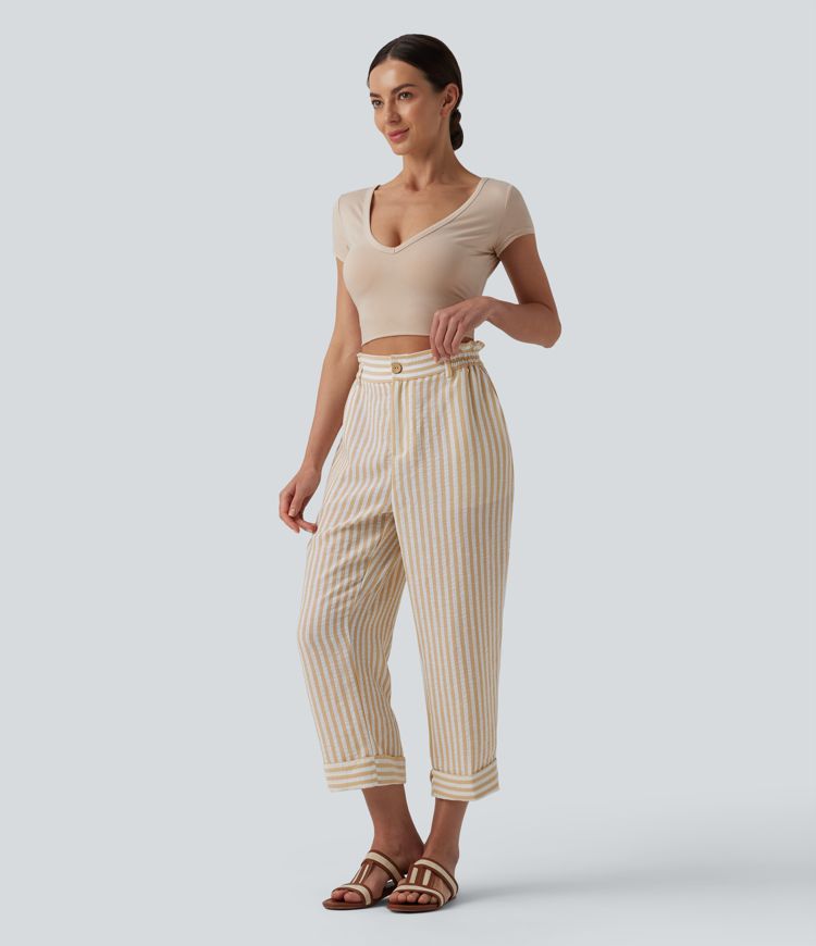 High Waisted Stripe Cropped Casual Linen-Feel Trousers with Pockets