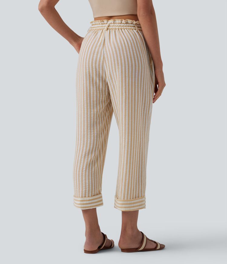 High Waisted Stripe Cropped Casual Linen-Feel Trousers with Pockets
