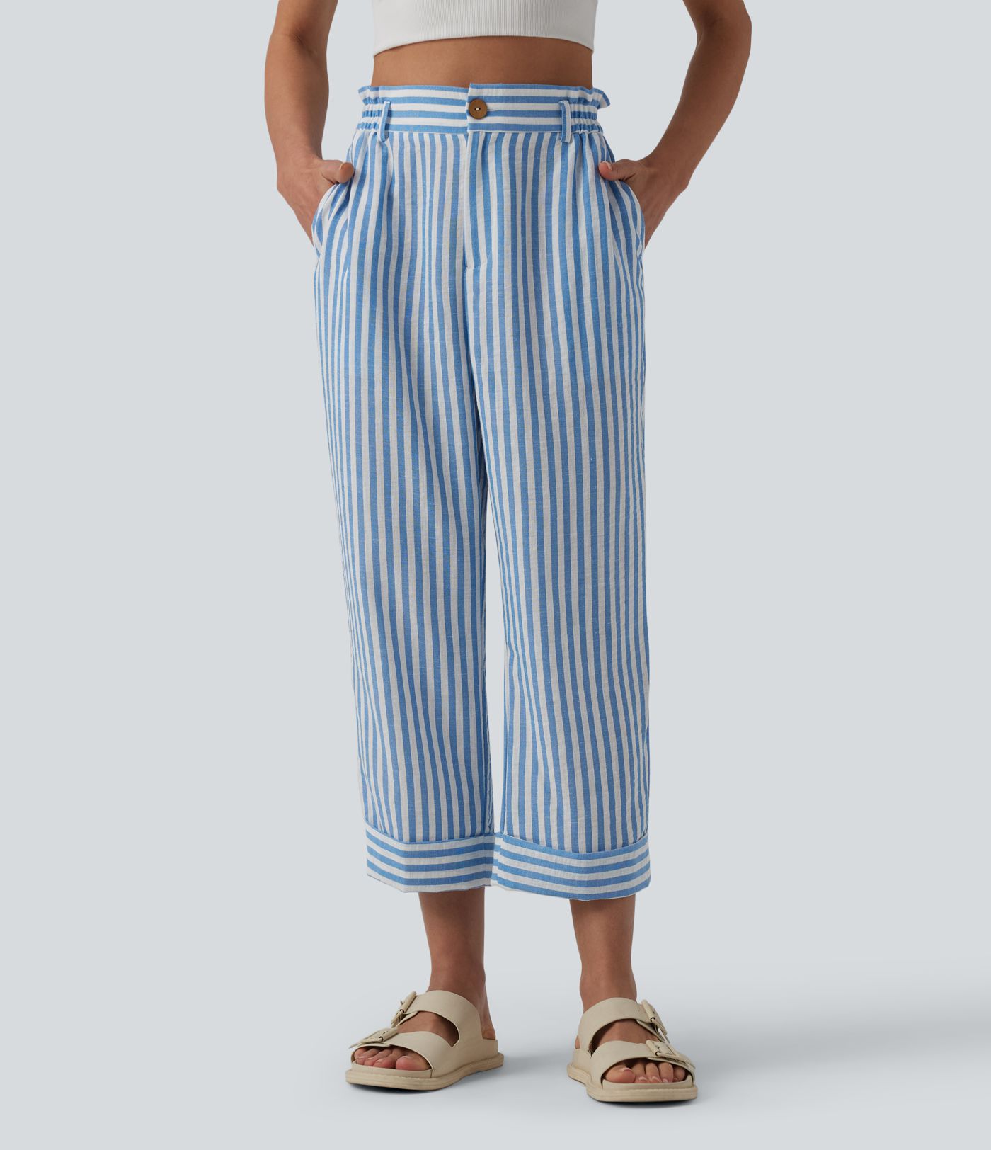 Hoch taillierte, gestreifte, verkürzte, legere Hose in Leinenoptik mit Taschen