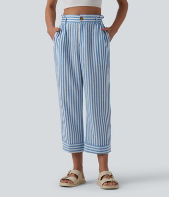 Hoch taillierte, gestreifte, verkürzte, legere Hose in Leinenoptik mit Taschen