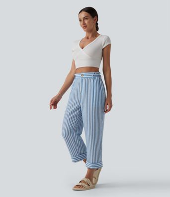 Hoch taillierte, gestreifte, verkürzte, legere Hose in Leinenoptik mit Taschen