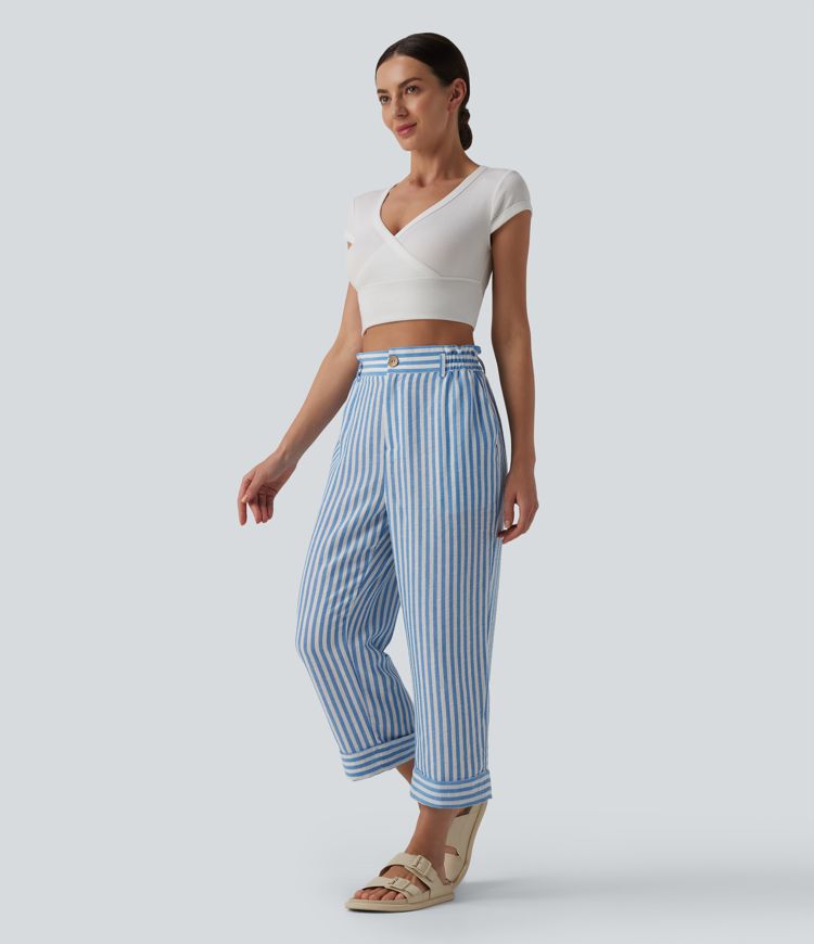 Hoch taillierte, gestreifte, verkürzte, legere Hose in Leinenoptik mit Taschen