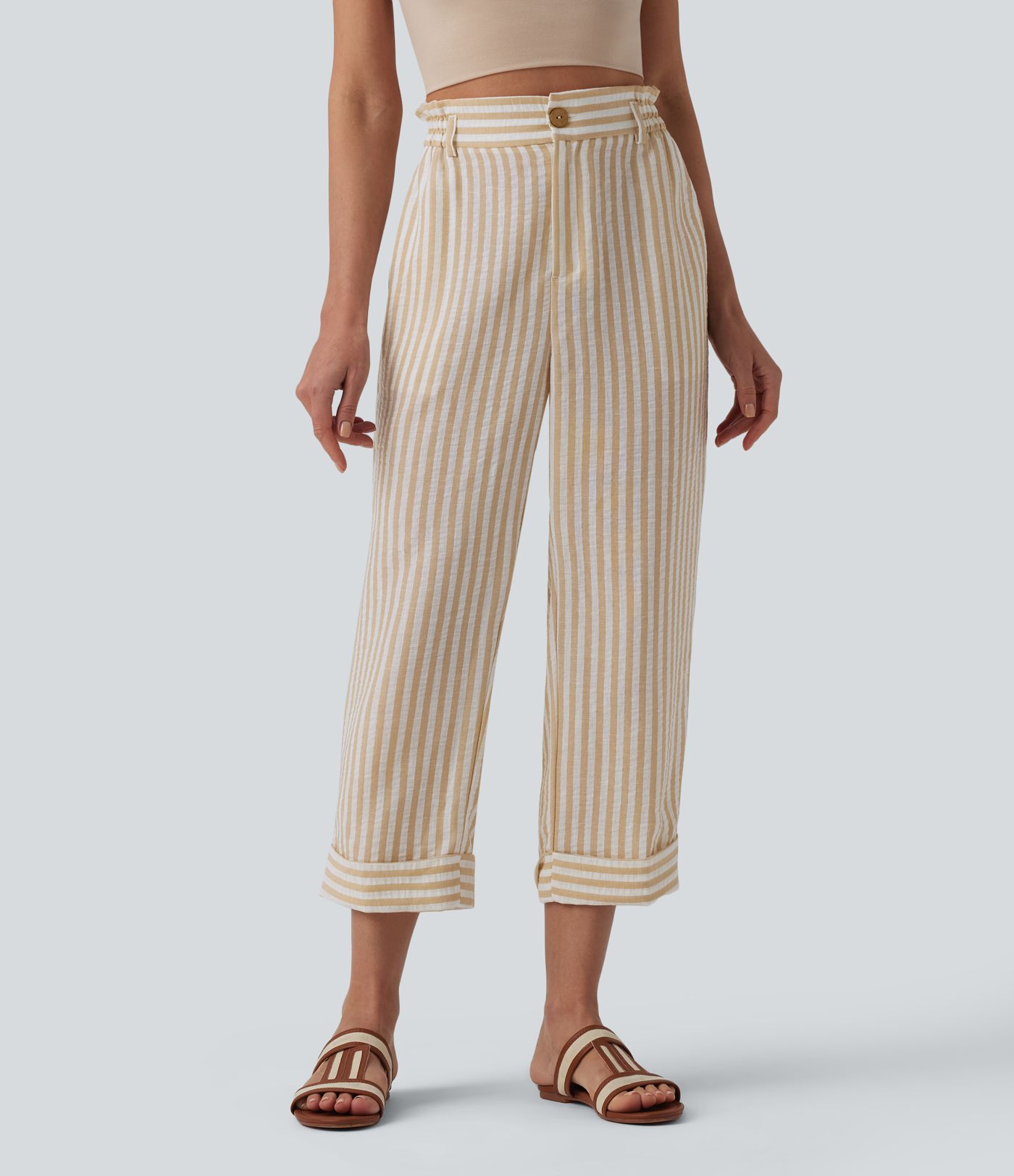 High Waisted Stripe Cropped Casual Linen-Feel Trousers with Pockets