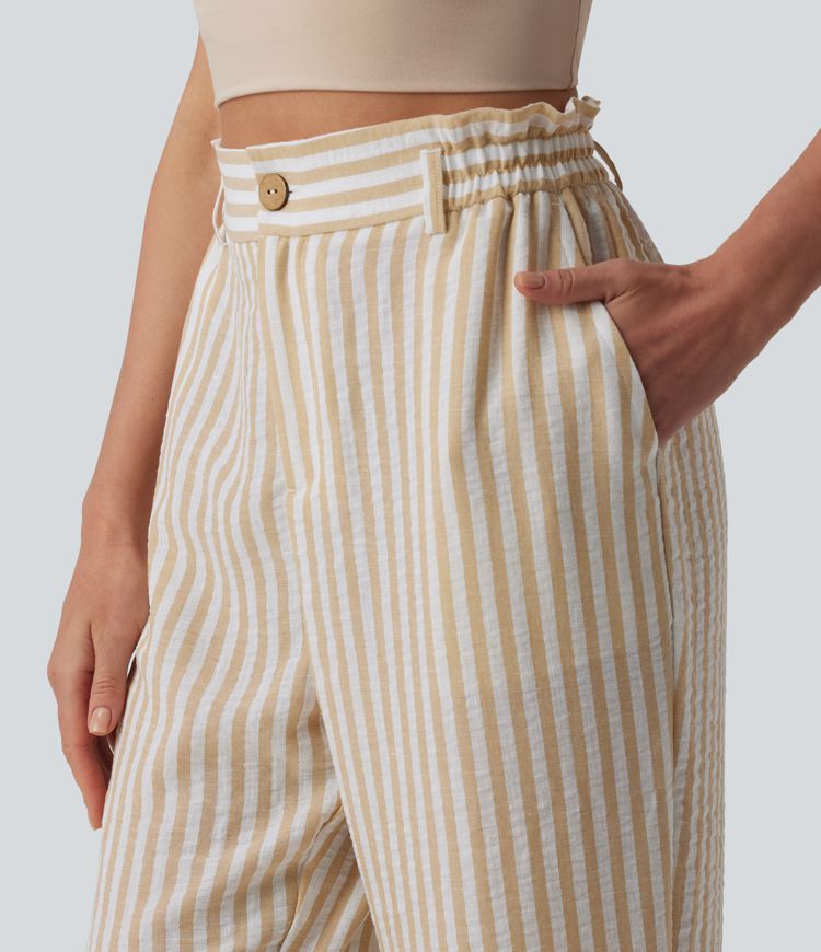 High Waisted Stripe Cropped Casual Linen-Feel Trousers with Pockets