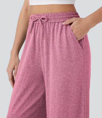 High Waisted Drawstring Pocket Wide Leg Casual Pants