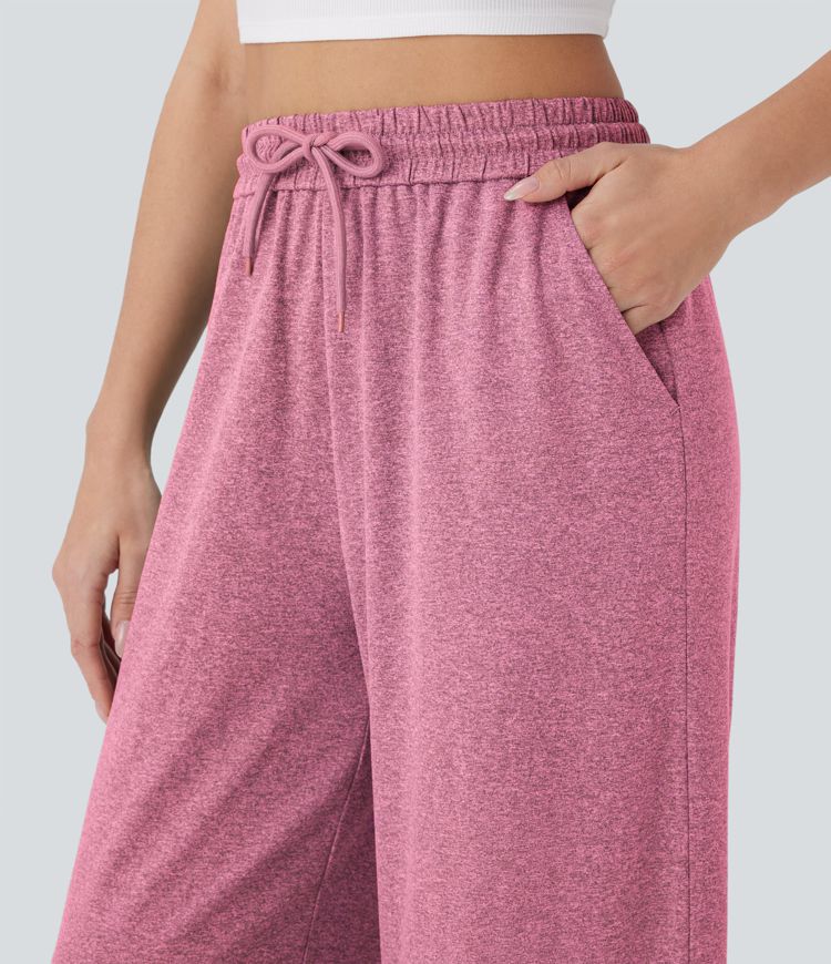 High Waisted Drawstring Pocket Wide Leg Casual Pants